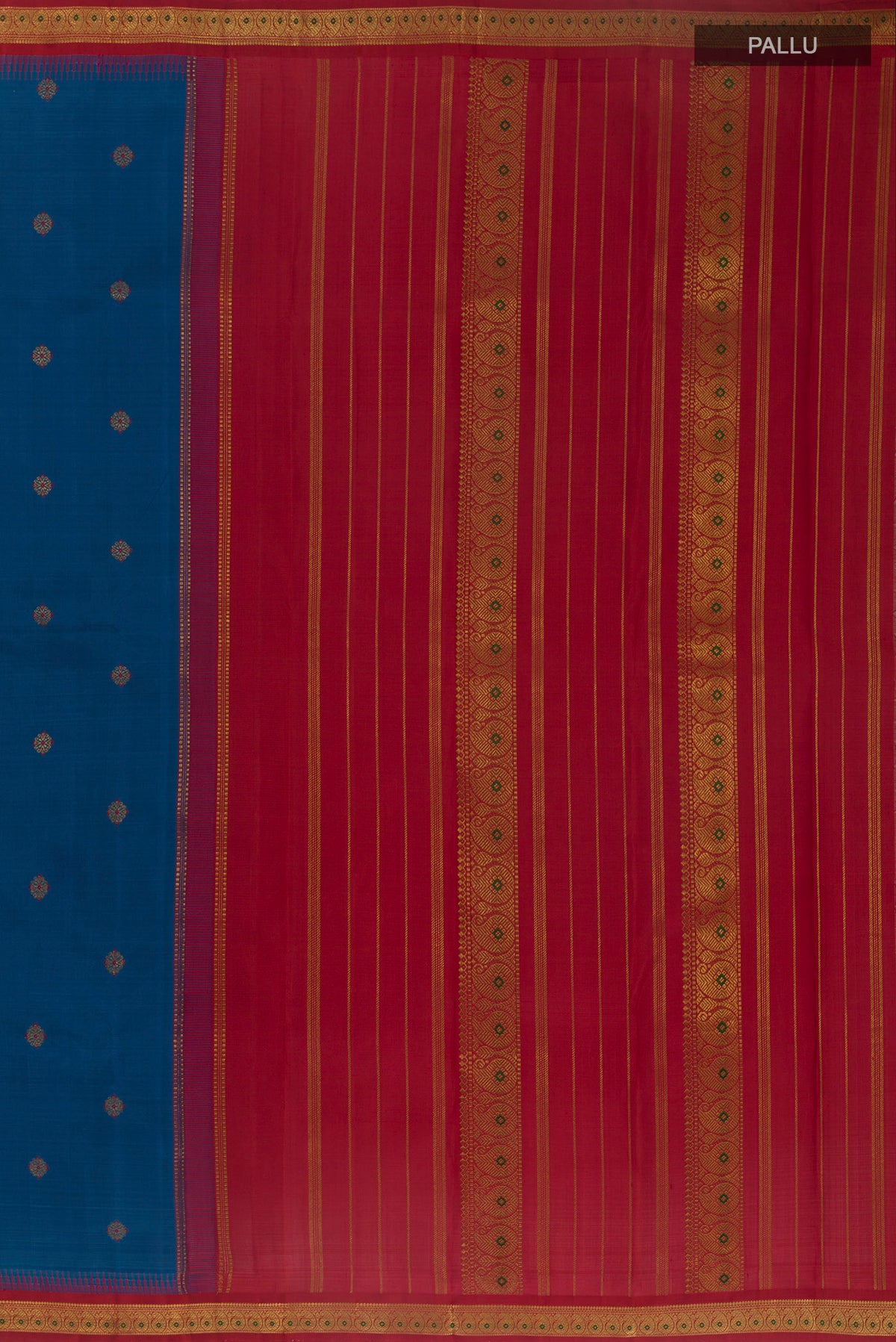 Close up image of the pallu of Pure Silk Pure Zari Blue Kanjivaram Saree with Zari Butta on the body and Zari Border. 