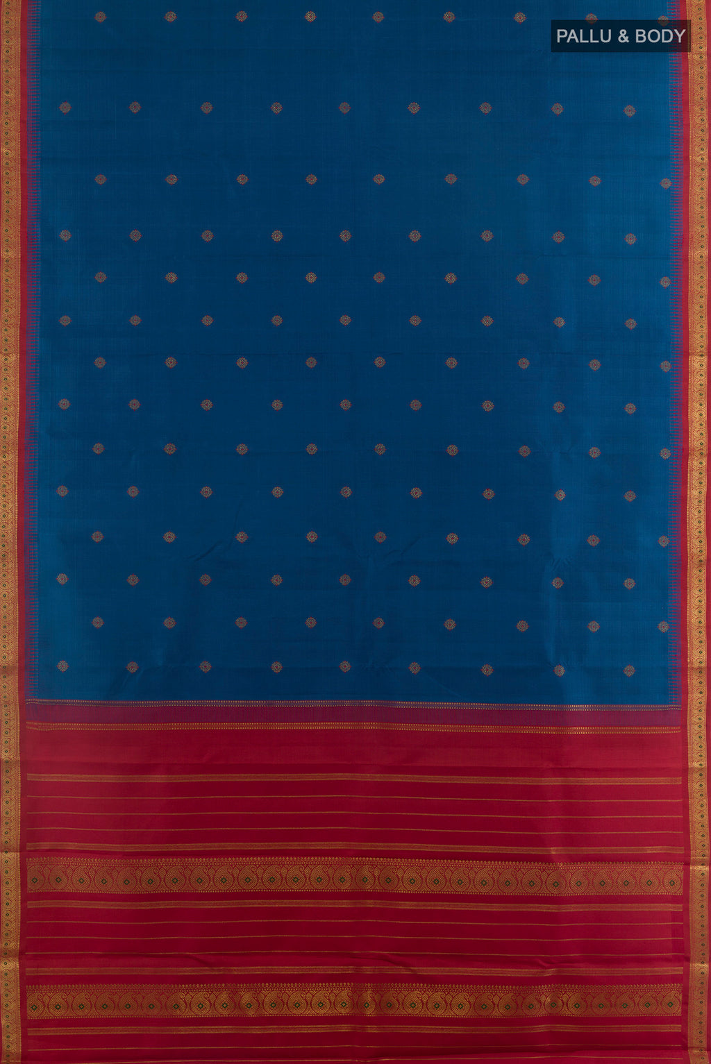 Flat view of Pure Silk Pure Zari Blue Kanjivaram Saree with Zari Butta on the body and Zari Border. 