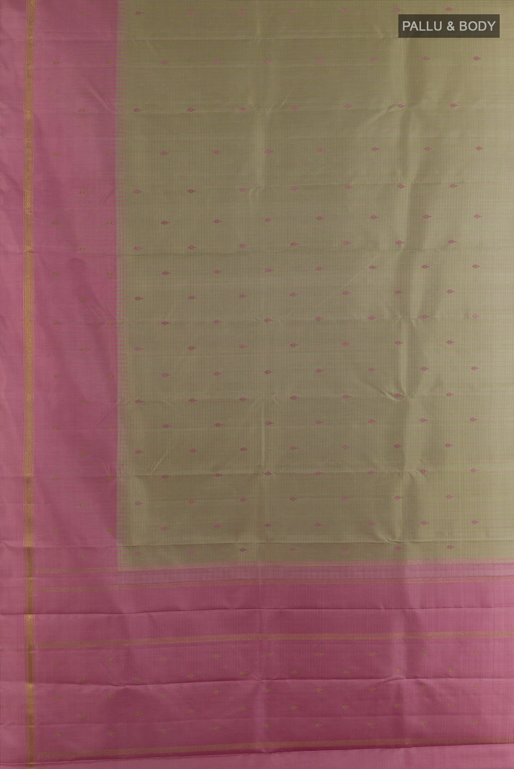 Flat view of Pure Silk Green Kanchipuram Saree with Checked design on the body and Zari Border. 
