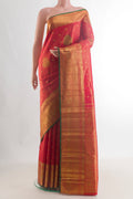 Pure Silk Pure Zari Red Kanjivaram Tissue Saree with Zari Butta on the body and Zari Border.  displayed on a mannequin