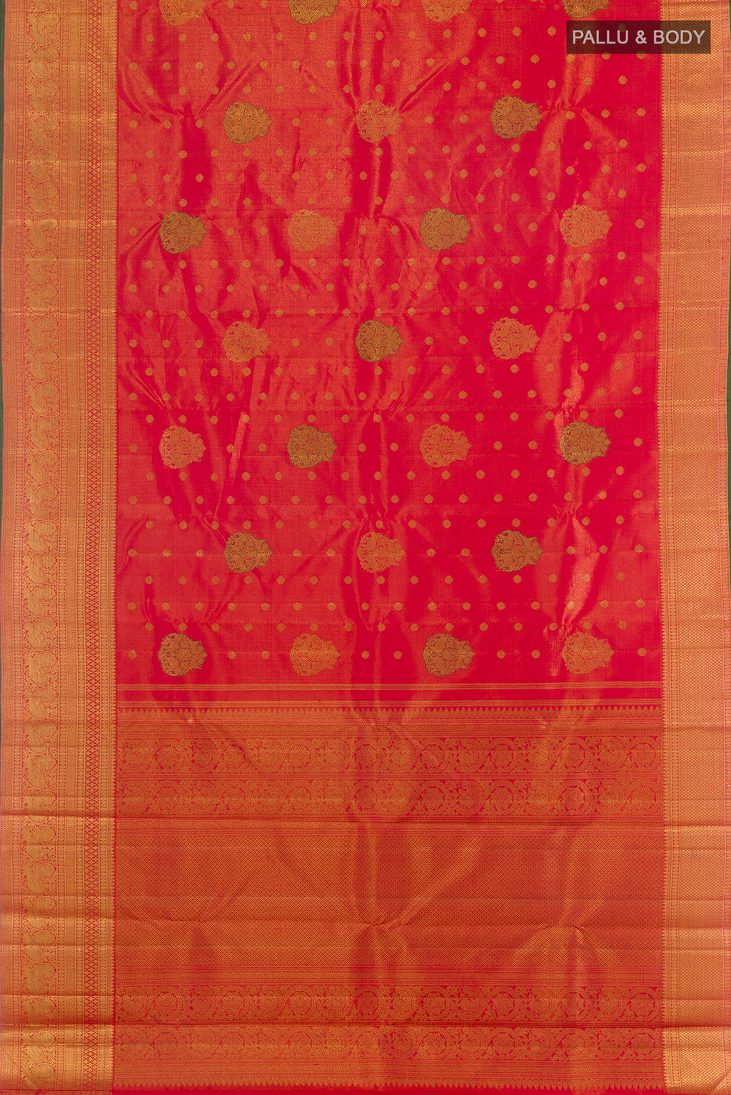 Flat view of Pure Silk Pure Zari Red Kanjivaram Tissue Saree with Zari Butta on the body and Zari Border. 