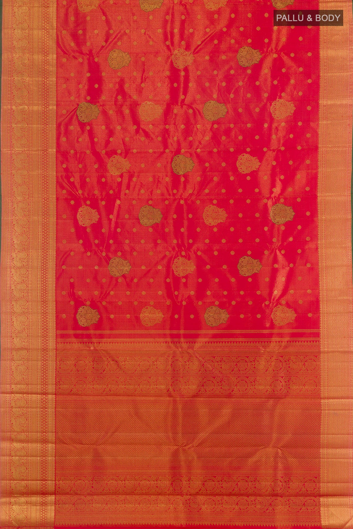 Flat view of Pure Silk Pure Zari Red Kanjivaram Tissue Saree with Zari Butta on the body and Zari Border. 