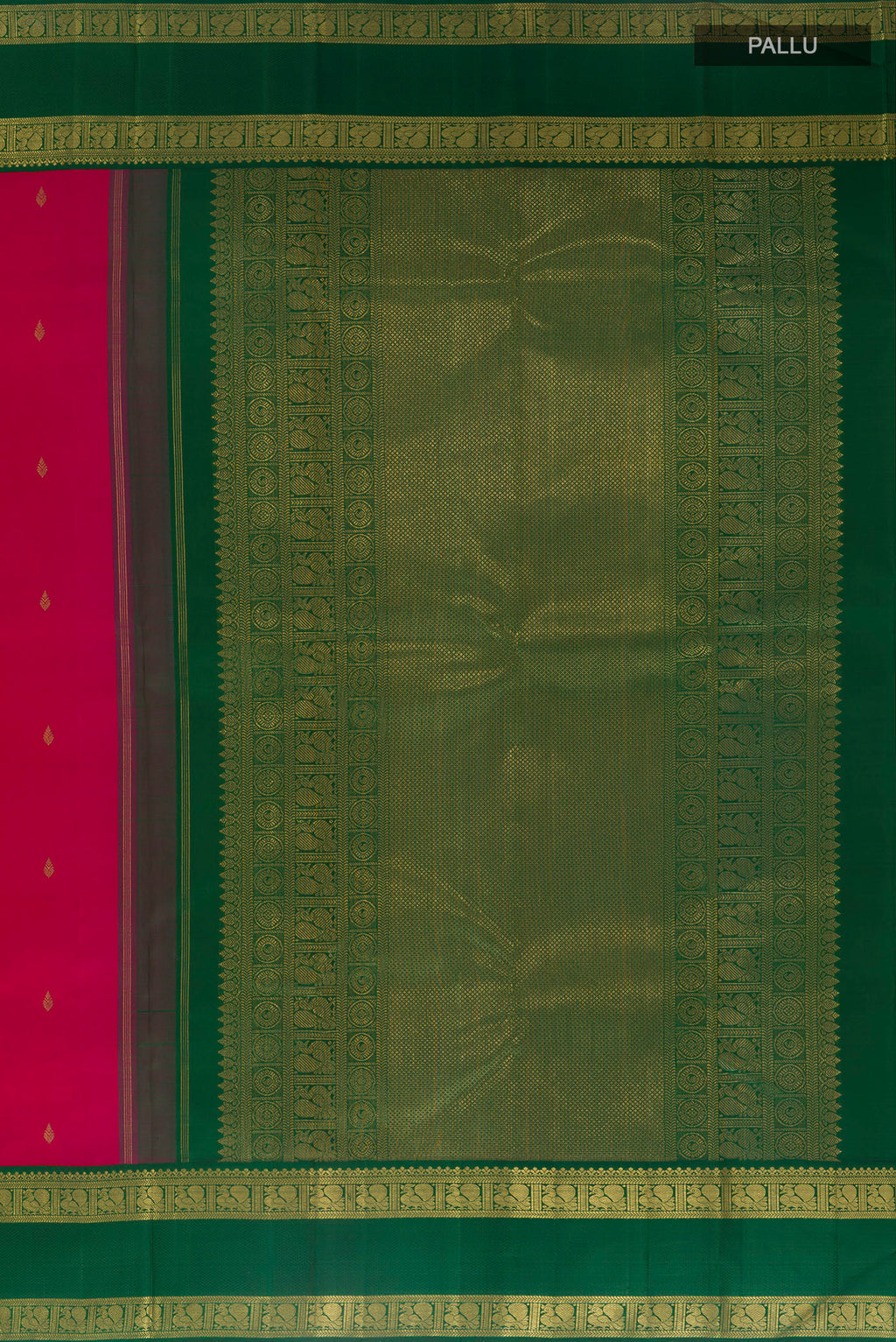 Close up image of the pallu of Pure Silk Pure Zari Pink Kanjivaram Saree with Zari Butta on the body and Zari Border. 
