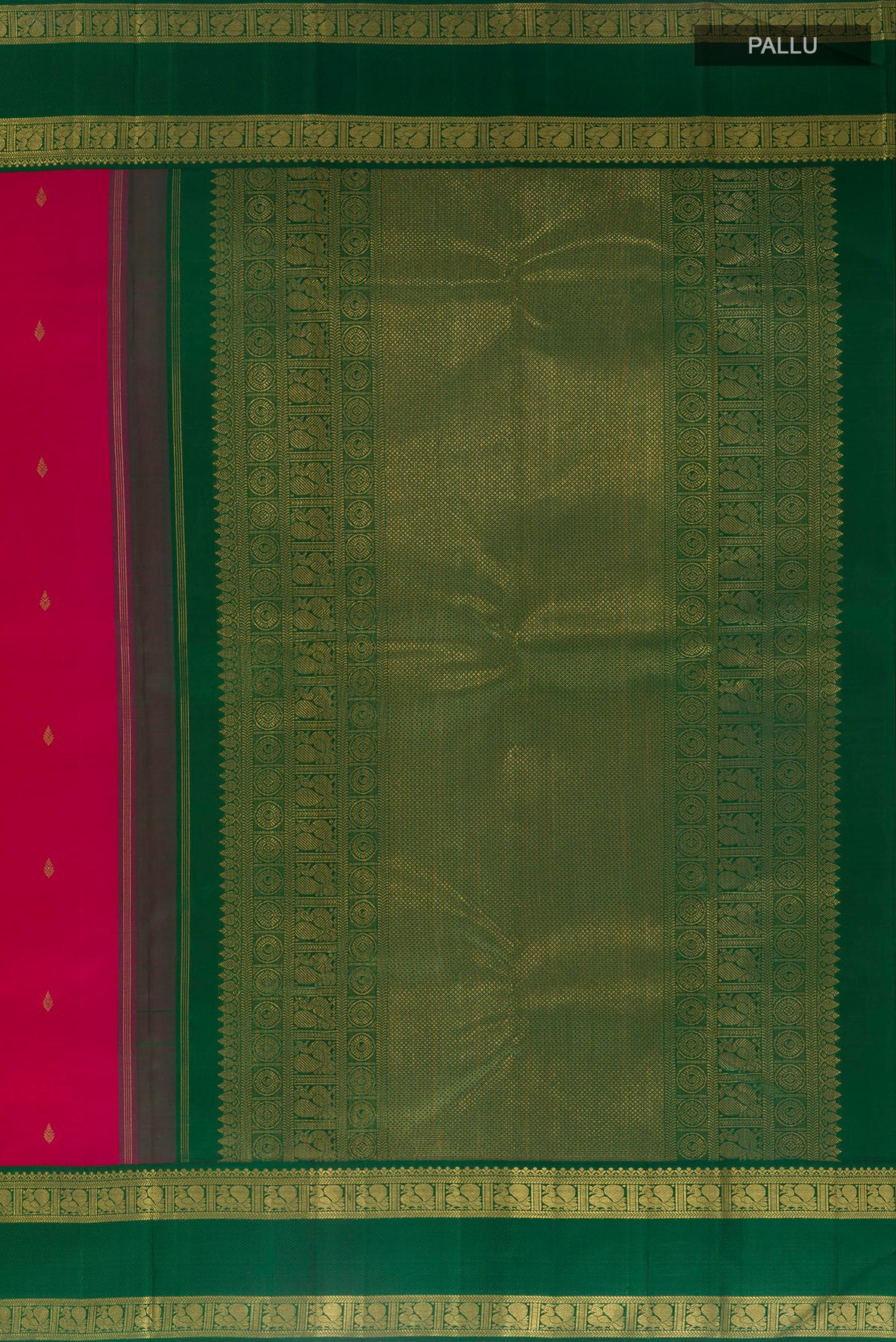 Close up image of the pallu of Pure Silk Pure Zari Pink Kanjivaram Saree with Zari Butta on the body and Zari Border. 