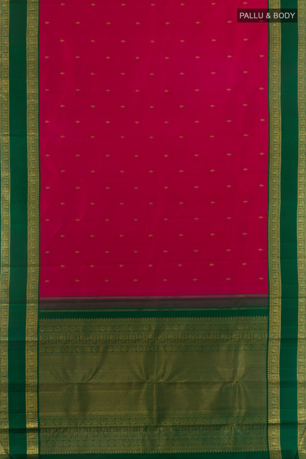Flat view of Pure Silk Pure Zari Pink Kanjivaram Saree with Zari Butta on the body and Zari Border. 