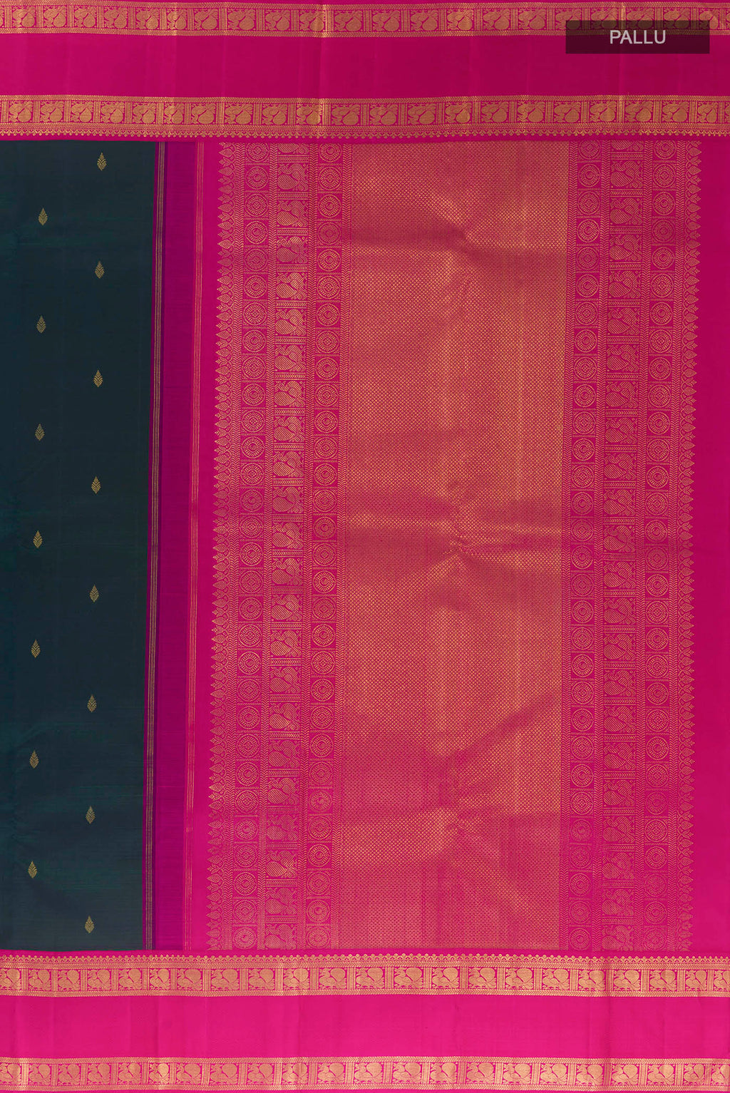 Close up image of the pallu of Pure Silk Pure Zari Green Kanjivaram Saree with Zari Butta on the body and Zari Border. 