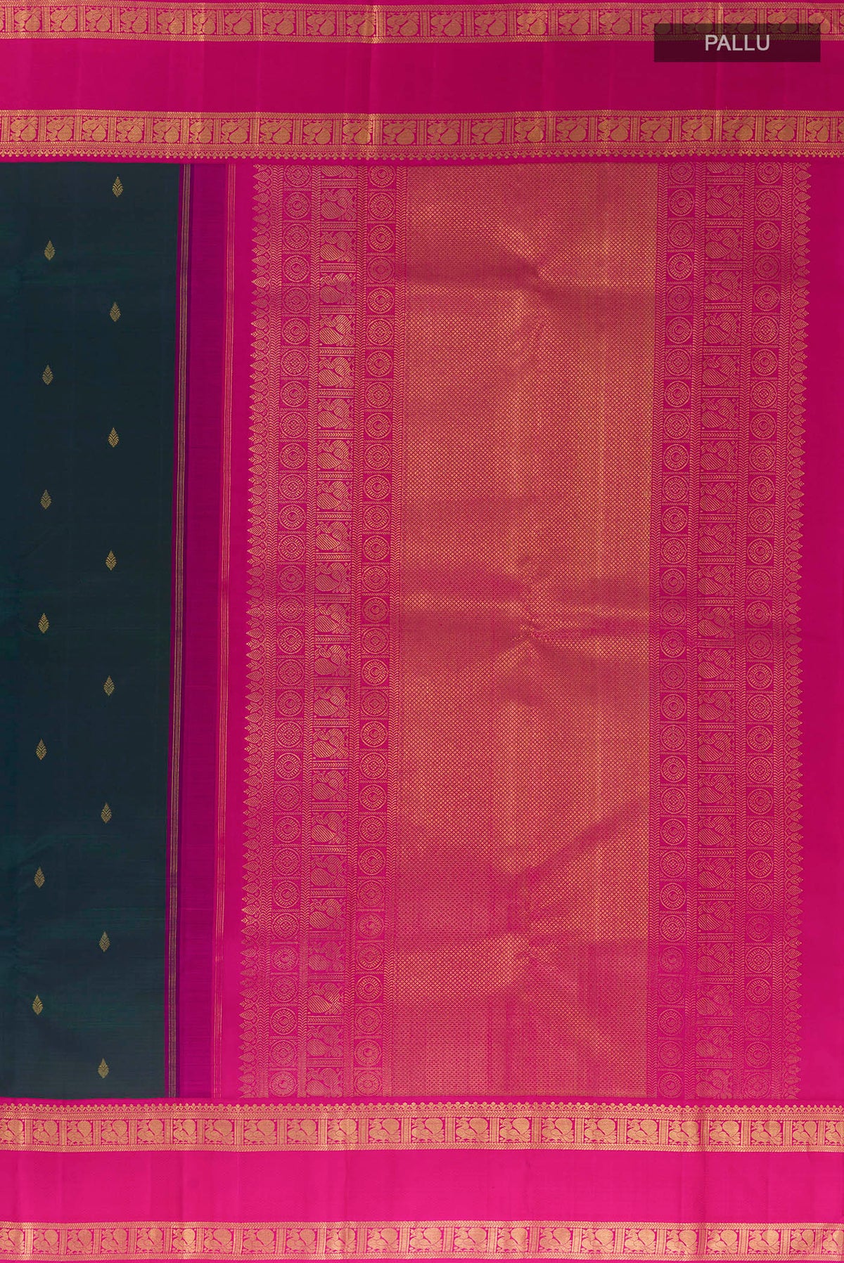 Close up image of the pallu of Pure Silk Pure Zari Green Kanjivaram Saree with Zari Butta on the body and Zari Border. 