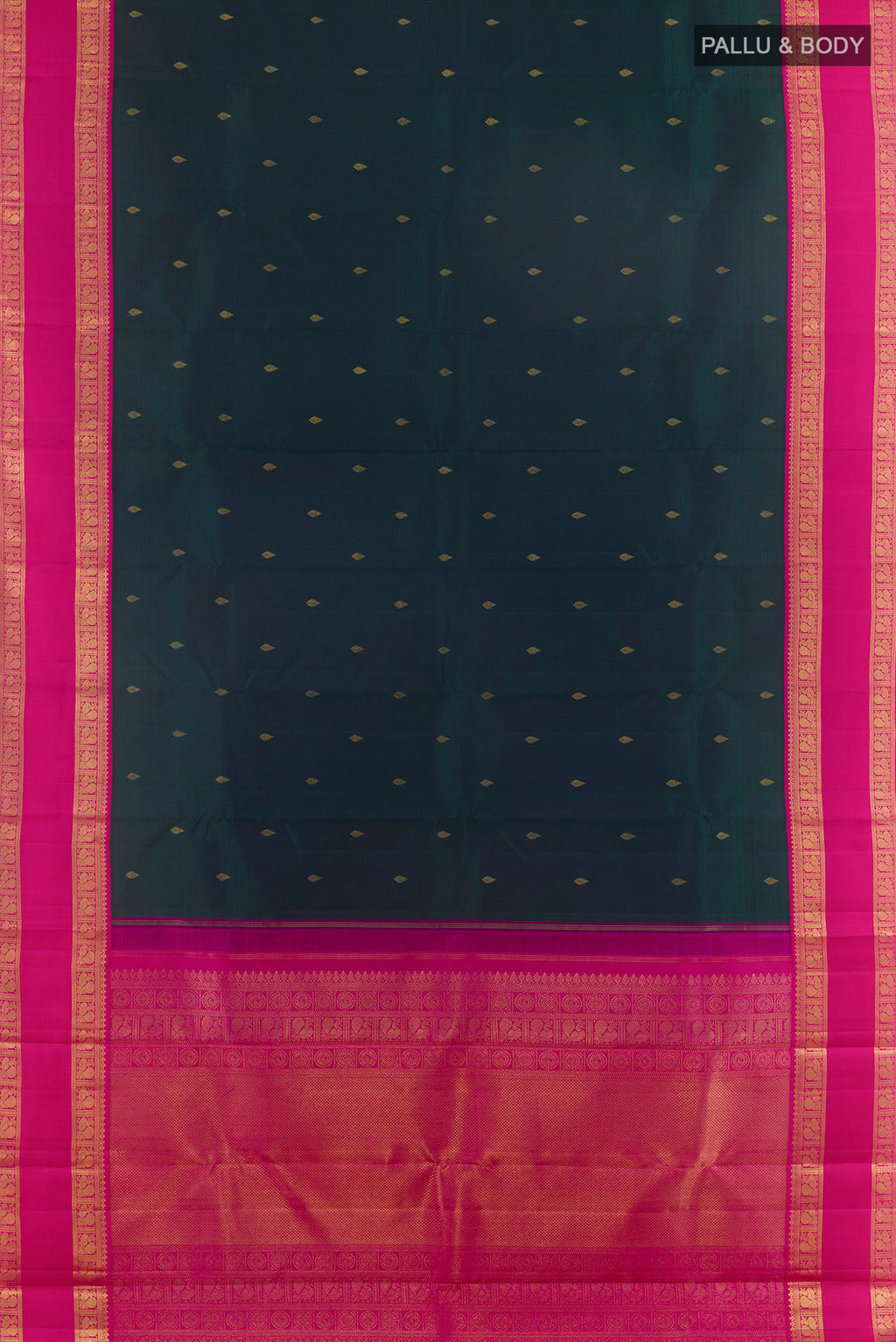 Flat view of Pure Silk Pure Zari Green Kanjivaram Saree with Zari Butta on the body and Zari Border. 