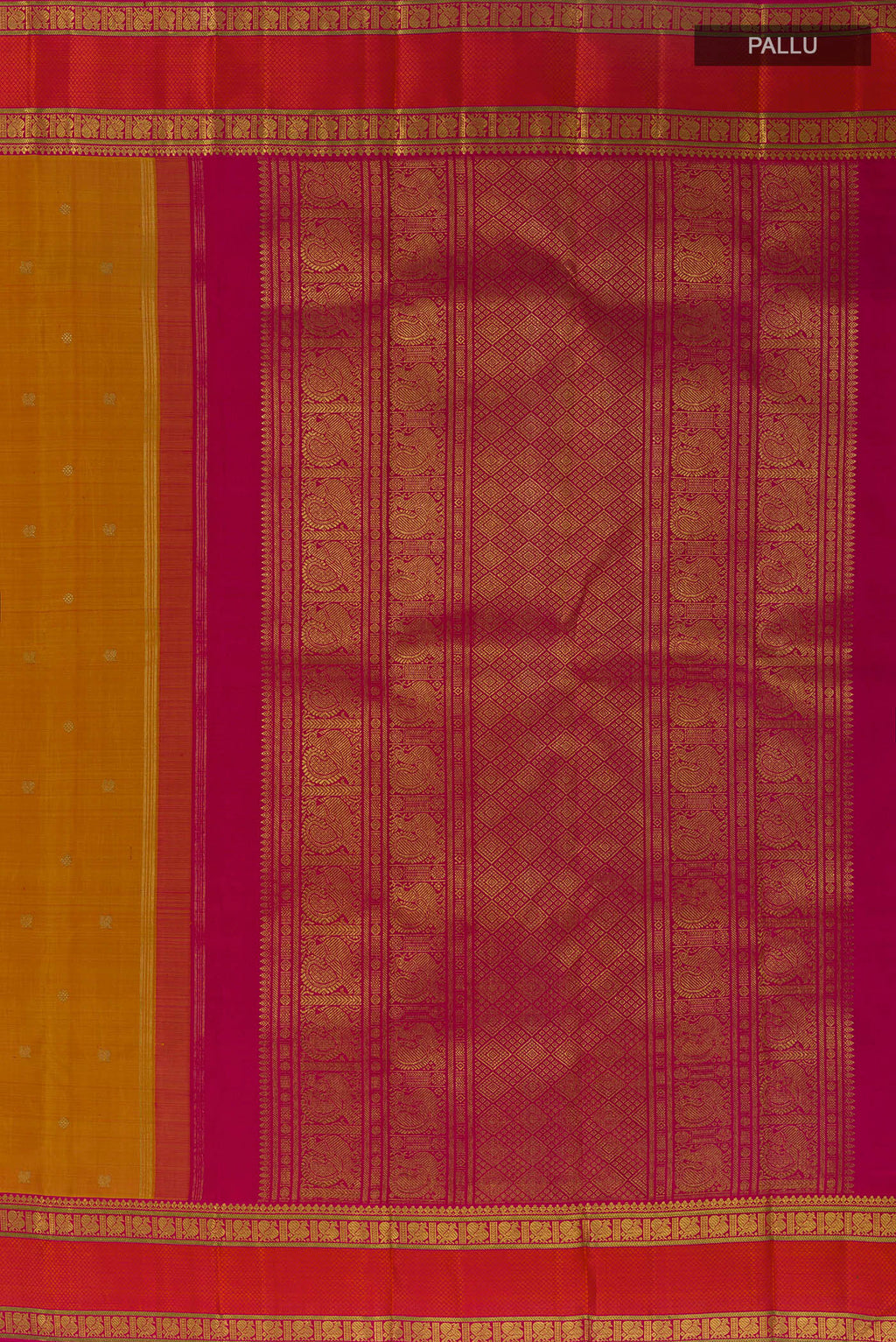 Close up image of the pallu of Pure Silk Pure Zari Mustard Kanjivaram Saree with Zari Butta on the body and Zari Border. 