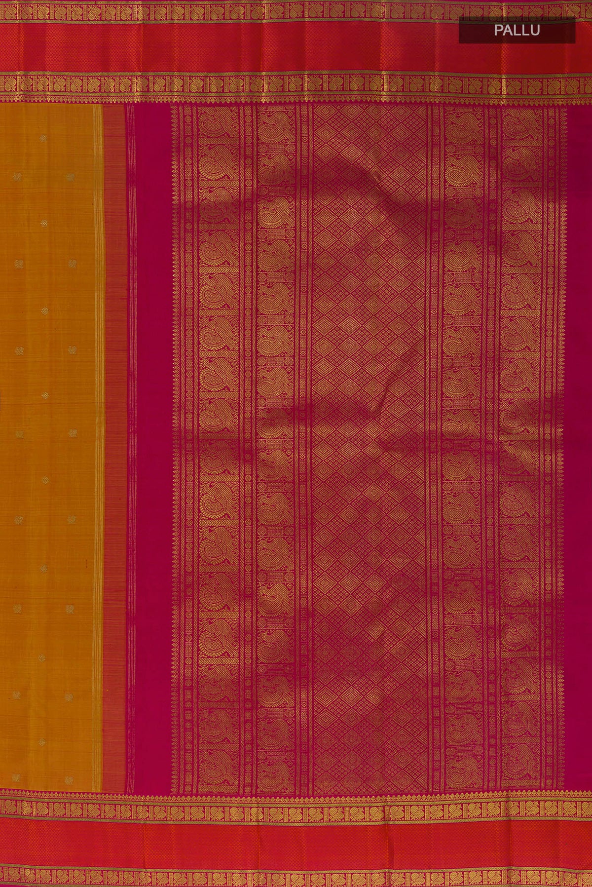 Close up image of the pallu of Pure Silk Pure Zari Mustard Kanjivaram Saree with Zari Butta on the body and Zari Border. 