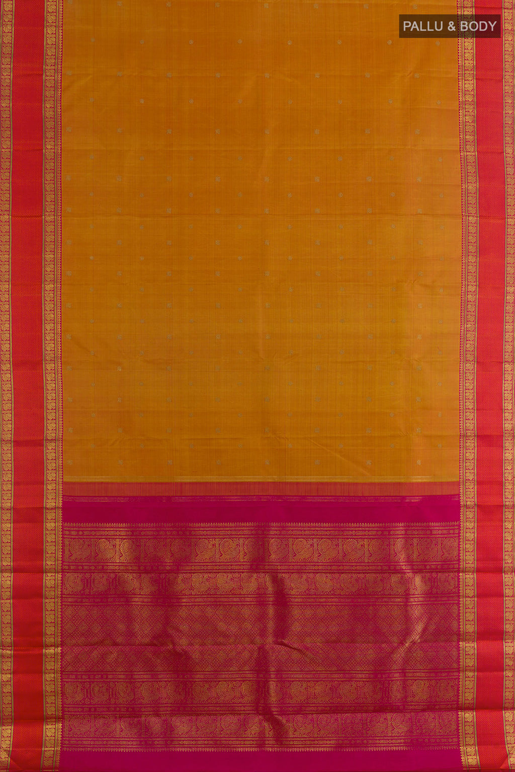 Flat view of Pure Silk Pure Zari Mustard Kanjivaram Saree with Zari Butta on the body and Zari Border. 