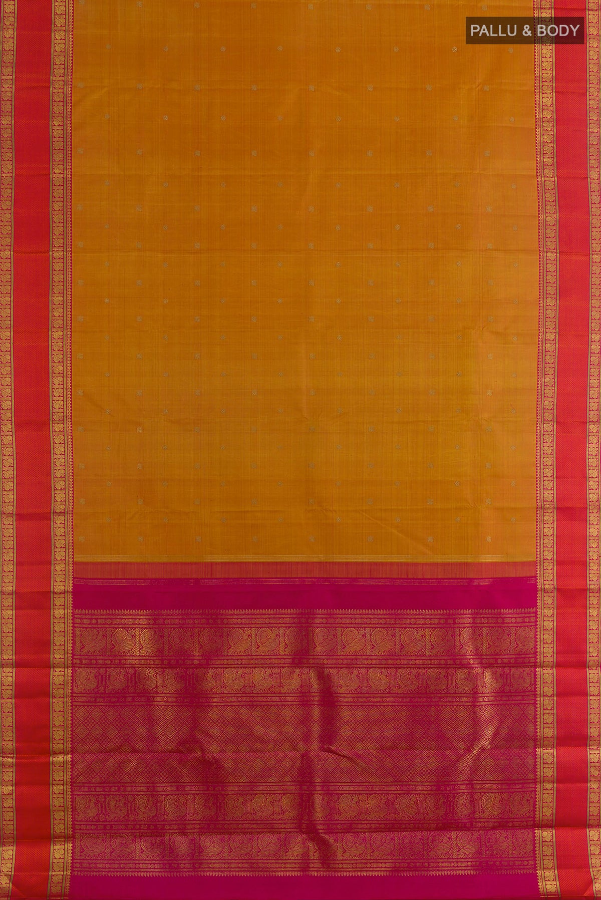 Flat view of Pure Silk Pure Zari Mustard Kanjivaram Saree with Zari Butta on the body and Zari Border. 