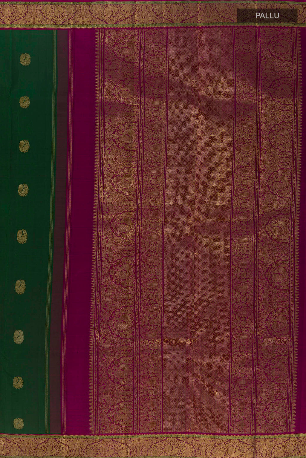Close up image of the pallu of Pure Silk Pure Zari Bottle Green Kanjivaram Saree with Zari Butta on the body and Zari Border. 