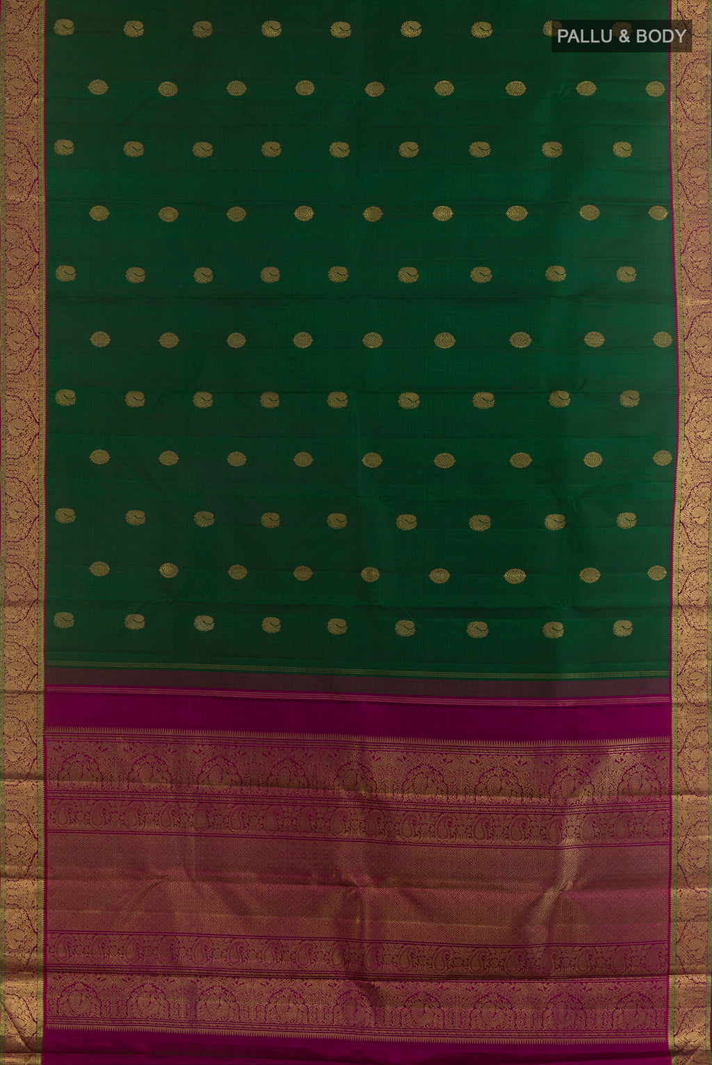 Flat view of Pure Silk Pure Zari Bottle Green Kanjivaram Saree with Zari Butta on the body and Zari Border. 