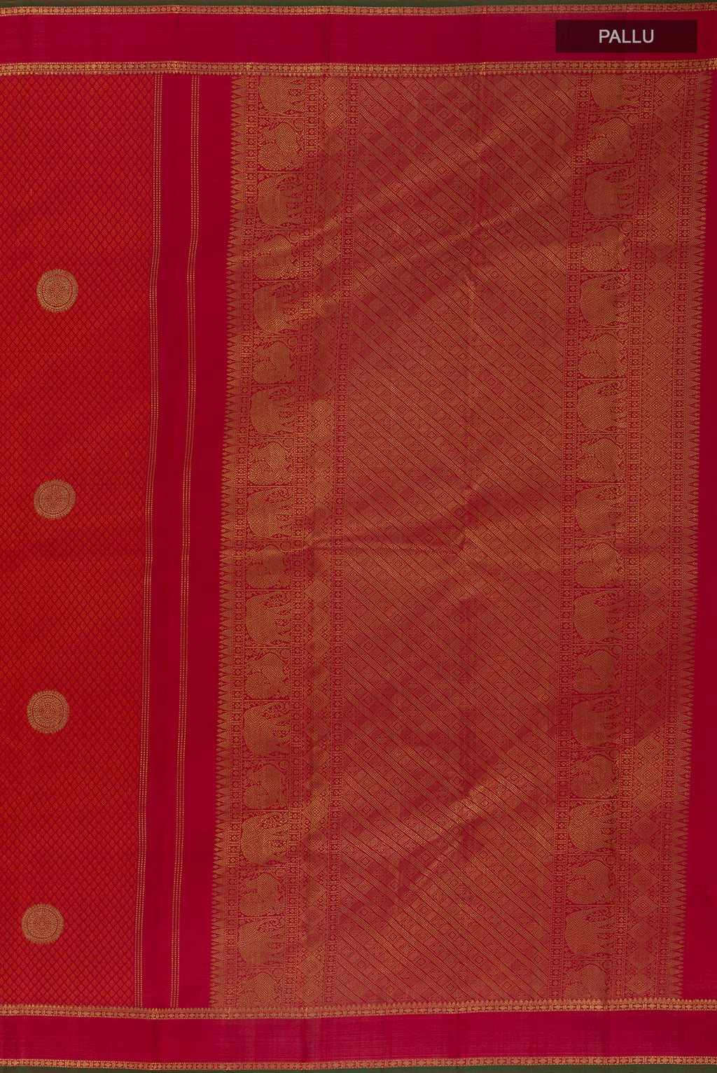 Close up image of the pallu of Pure Silk Pure Zari Red Kanjivaram Saree with Jacquard With Zari Butta on the body and Zari Border. 