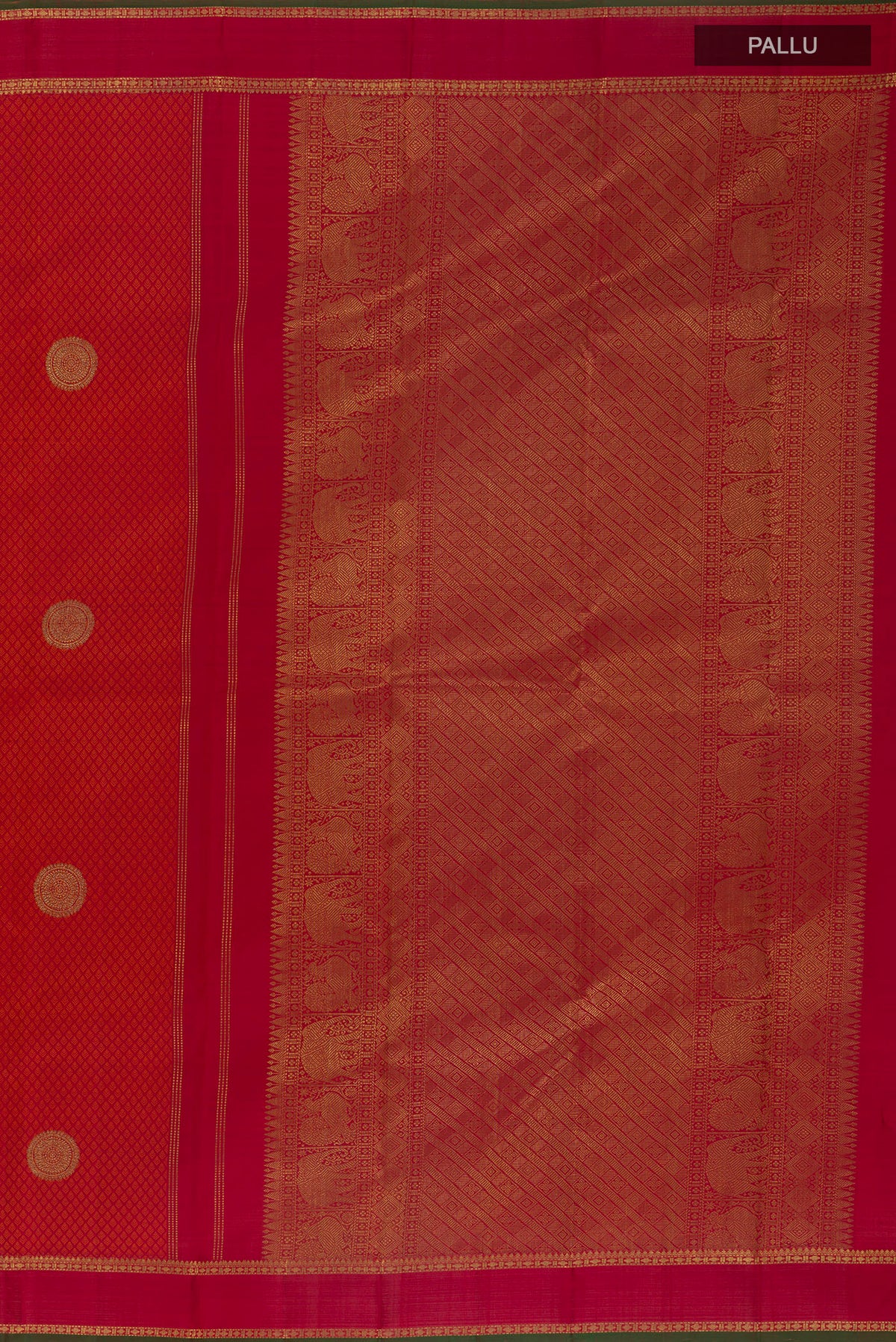 Close up image of the pallu of Pure Silk Pure Zari Red Kanjivaram Saree with Jacquard With Zari Butta on the body and Zari Border. 