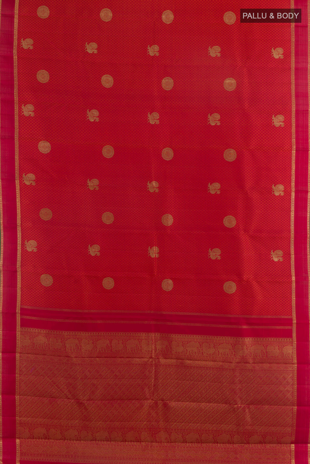 Flat view of Pure Silk Pure Zari Red Kanjivaram Saree with Jacquard With Zari Butta on the body and Zari Border. 