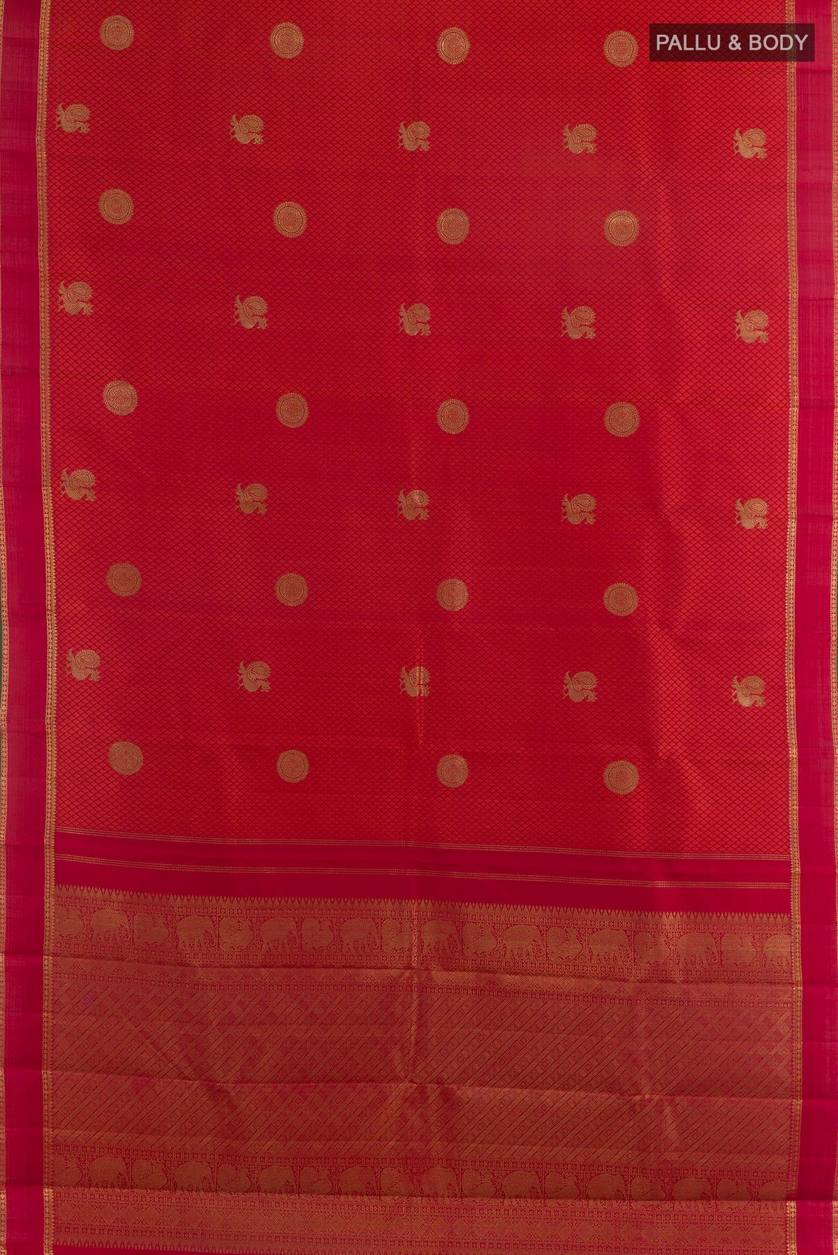 Flat view of Pure Silk Pure Zari Red Kanjivaram Saree with Jacquard With Zari Butta on the body and Zari Border. 