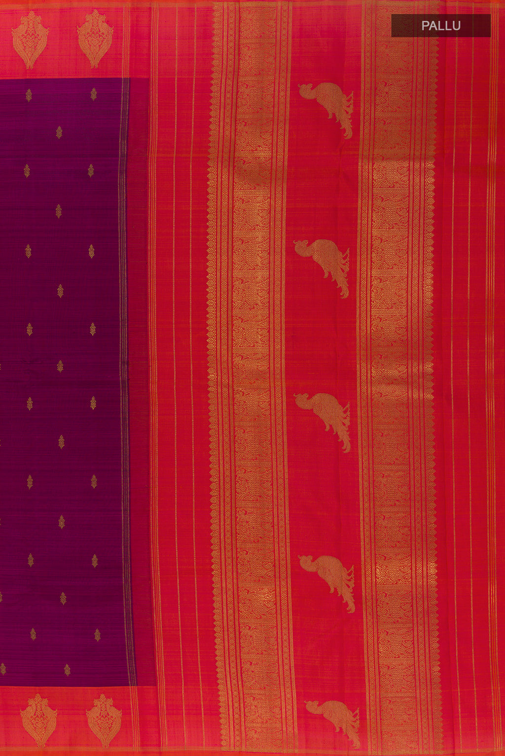 Close up image of the pallu of Pure Silk Purple Kanchipuram Saree with Zari Butta on the body and Zari Border. 