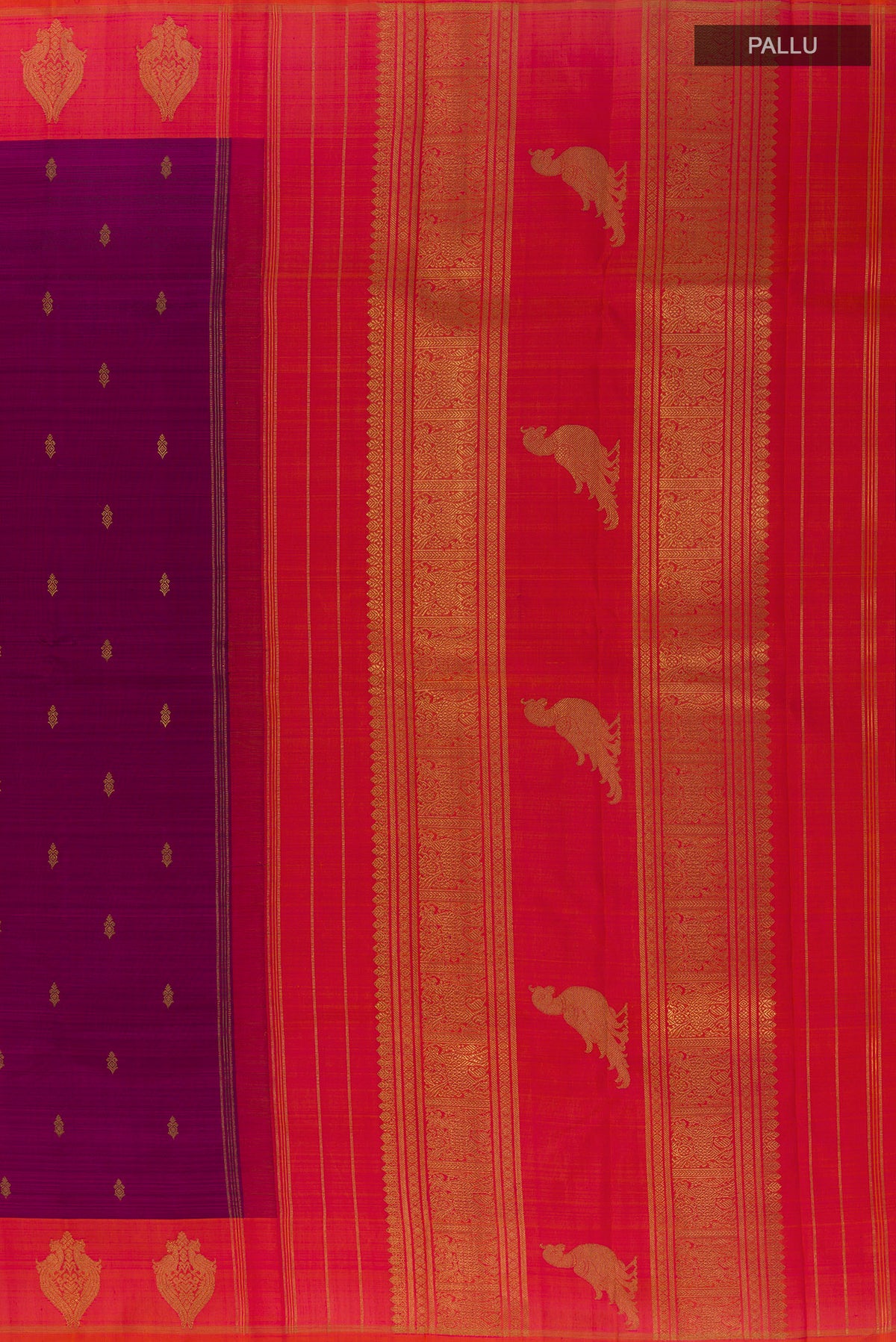 Close up image of the pallu of Pure Silk Purple Kanchipuram Saree with Zari Butta on the body and Zari Border. 