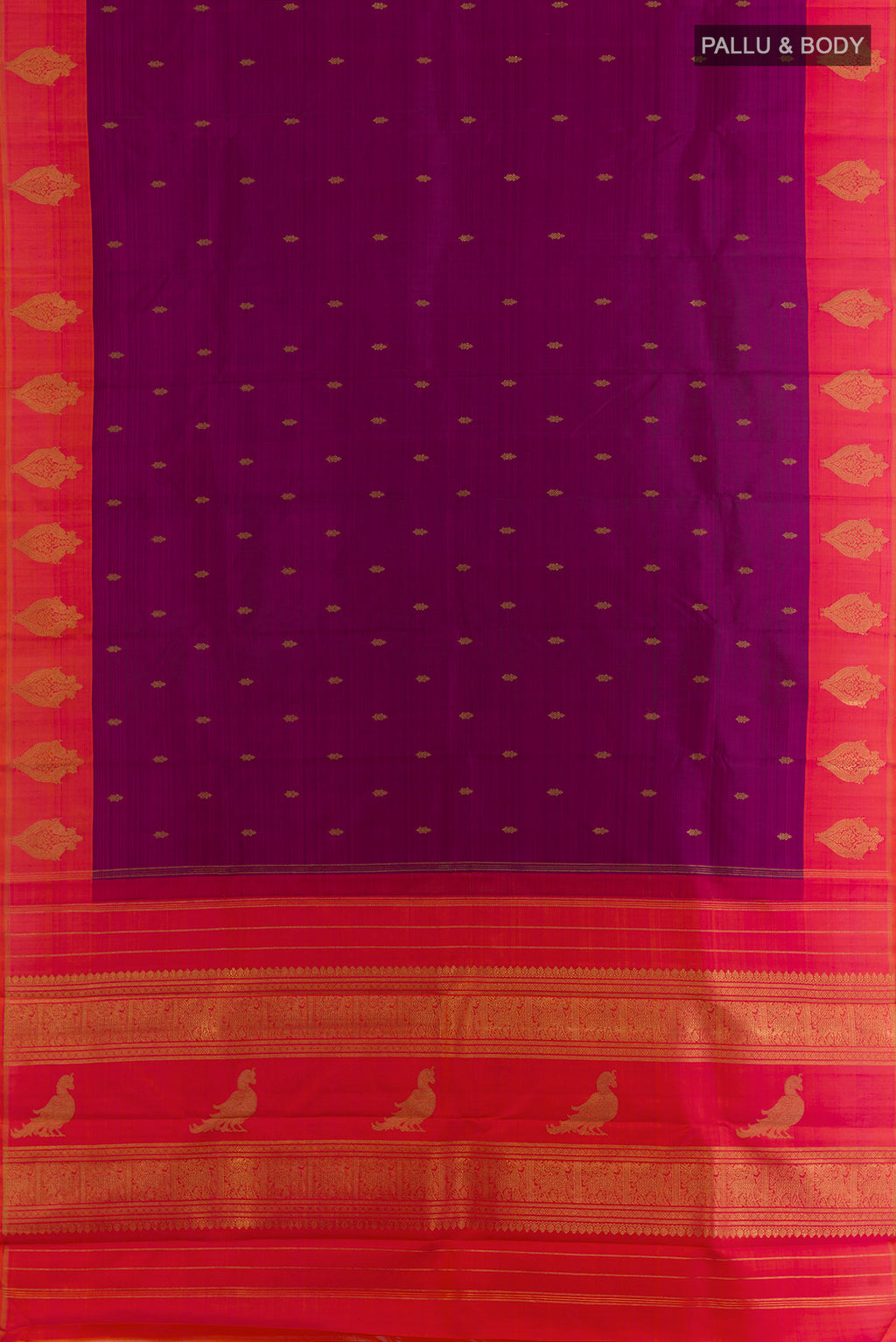 Flat view of Pure Silk Purple Kanchipuram Saree with Zari Butta on the body and Zari Border. 
