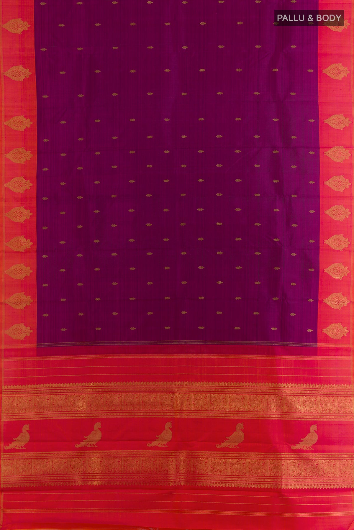 Flat view of Pure Silk Purple Kanchipuram Saree with Zari Butta on the body and Zari Border. 