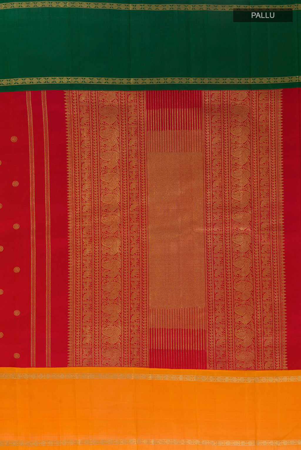 Close up image of the pallu of Pure Silk Pure Zari Red Kanjivaram Saree with Zari Butta on the body and Ganga Jamuna Border. 