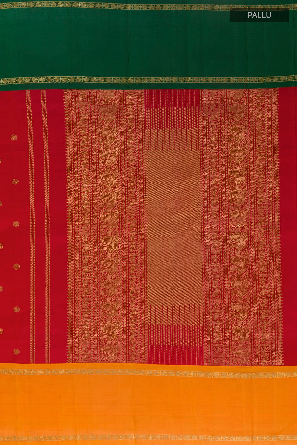 Close up image of the pallu of Pure Silk Pure Zari Red Kanjivaram Saree with Zari Butta on the body and Ganga Jamuna Border. 