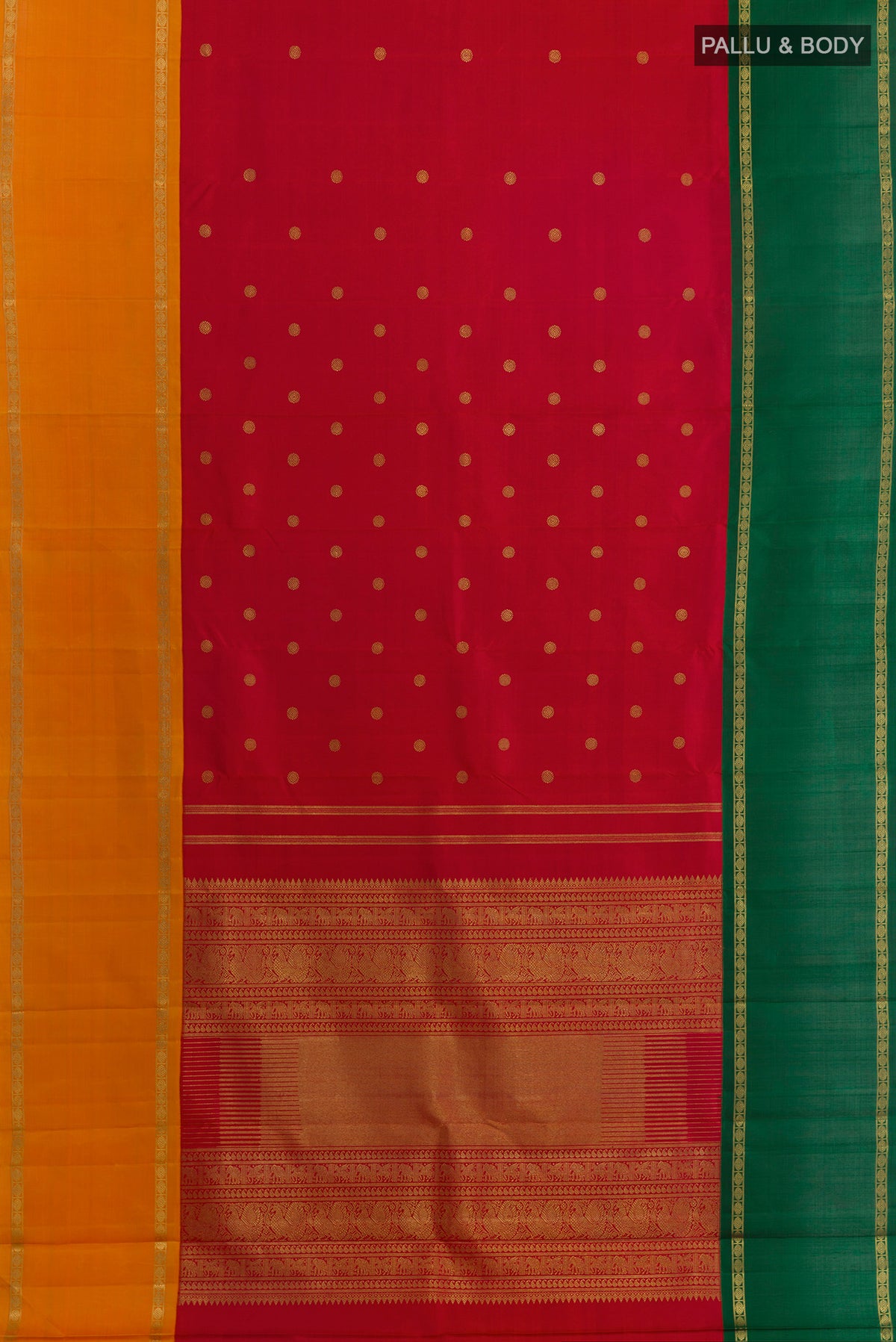 Flat view of Pure Silk Pure Zari Red Kanjivaram Saree with Zari Butta on the body and Ganga Jamuna Border. 