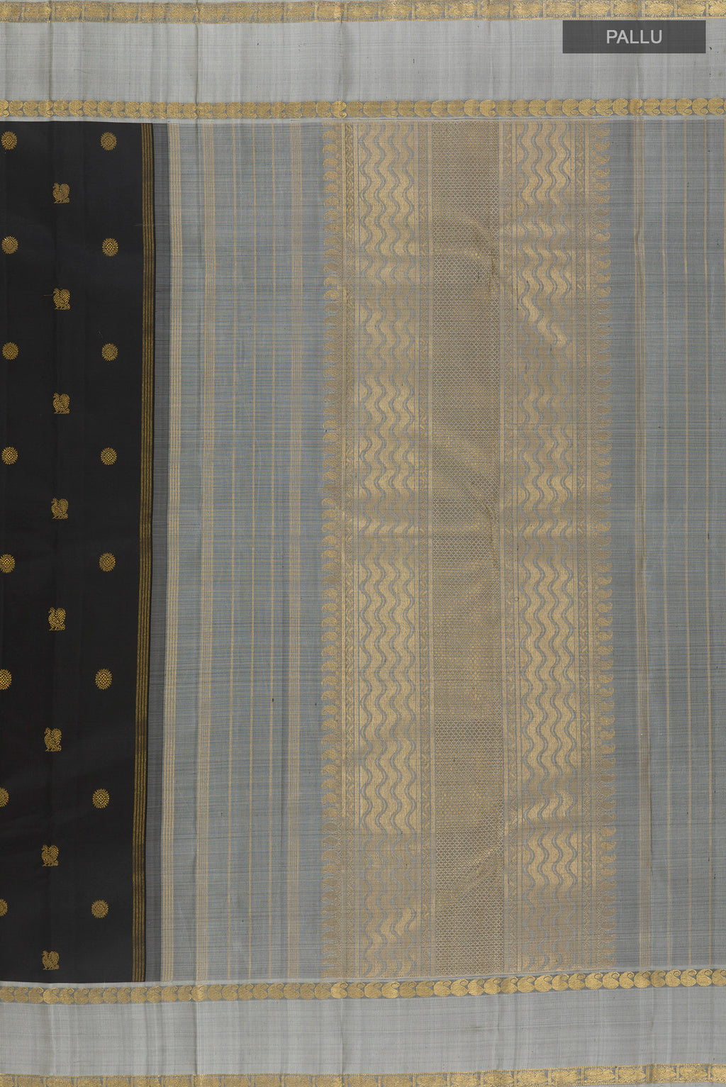Close up image of the pallu of Pure Silk Pure Zari Black Kanchipuram Saree with Zari Butta on the body and Zari Border. 