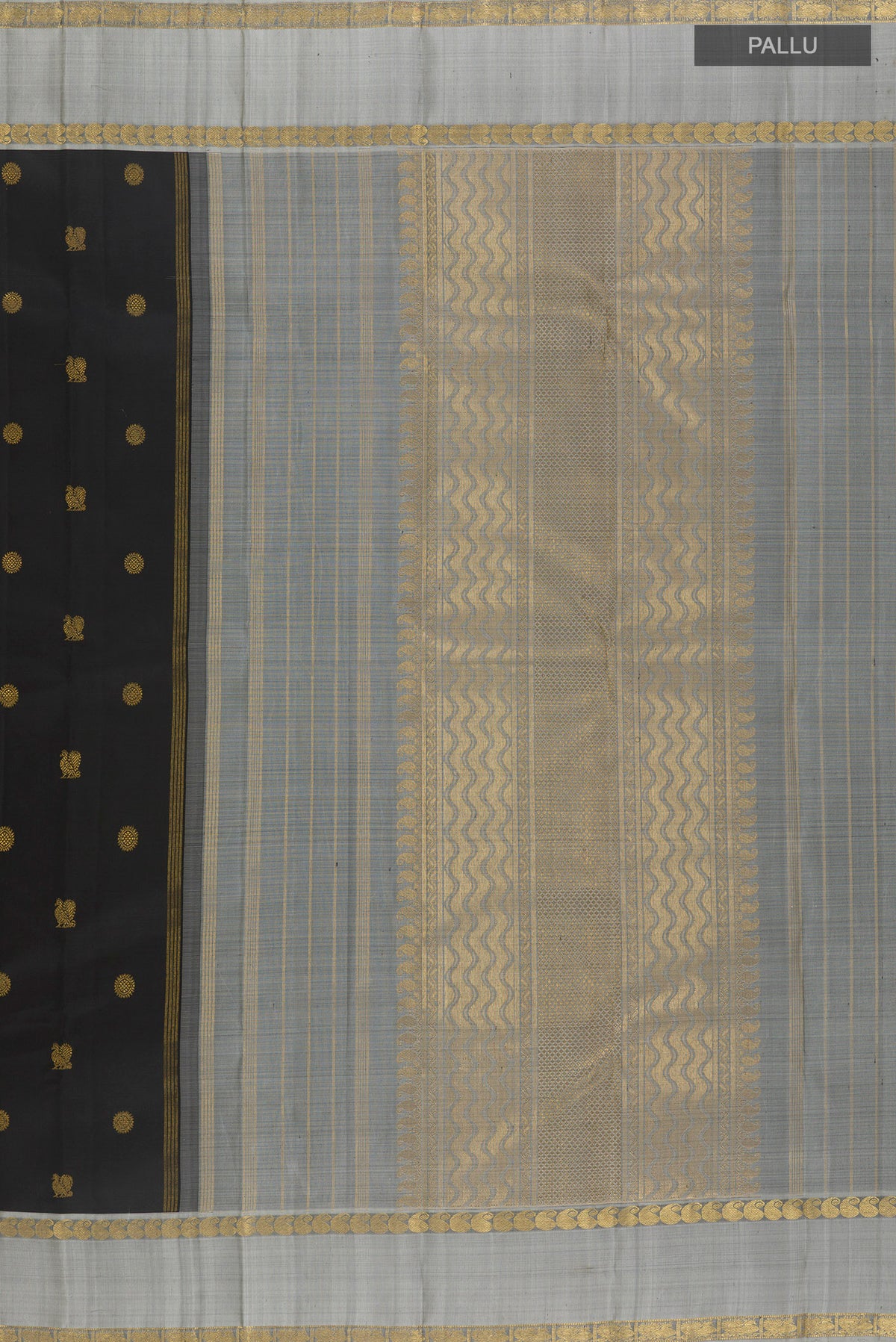 Close up image of the pallu of Pure Silk Pure Zari Black Kanchipuram Saree with Zari Butta on the body and Zari Border. 