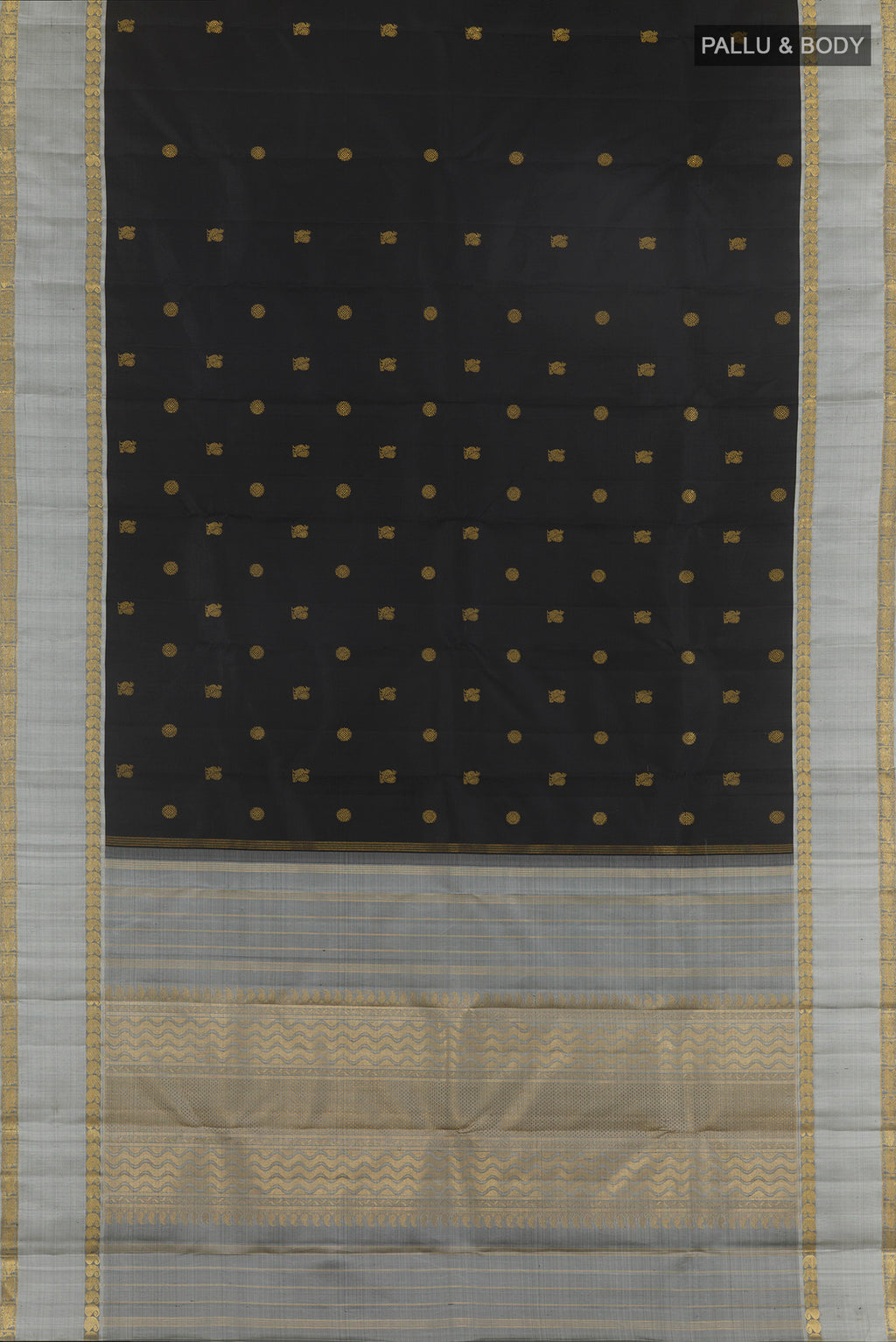 Flat view of Pure Silk Pure Zari Black Kanchipuram Saree with Zari Butta on the body and Zari Border. 