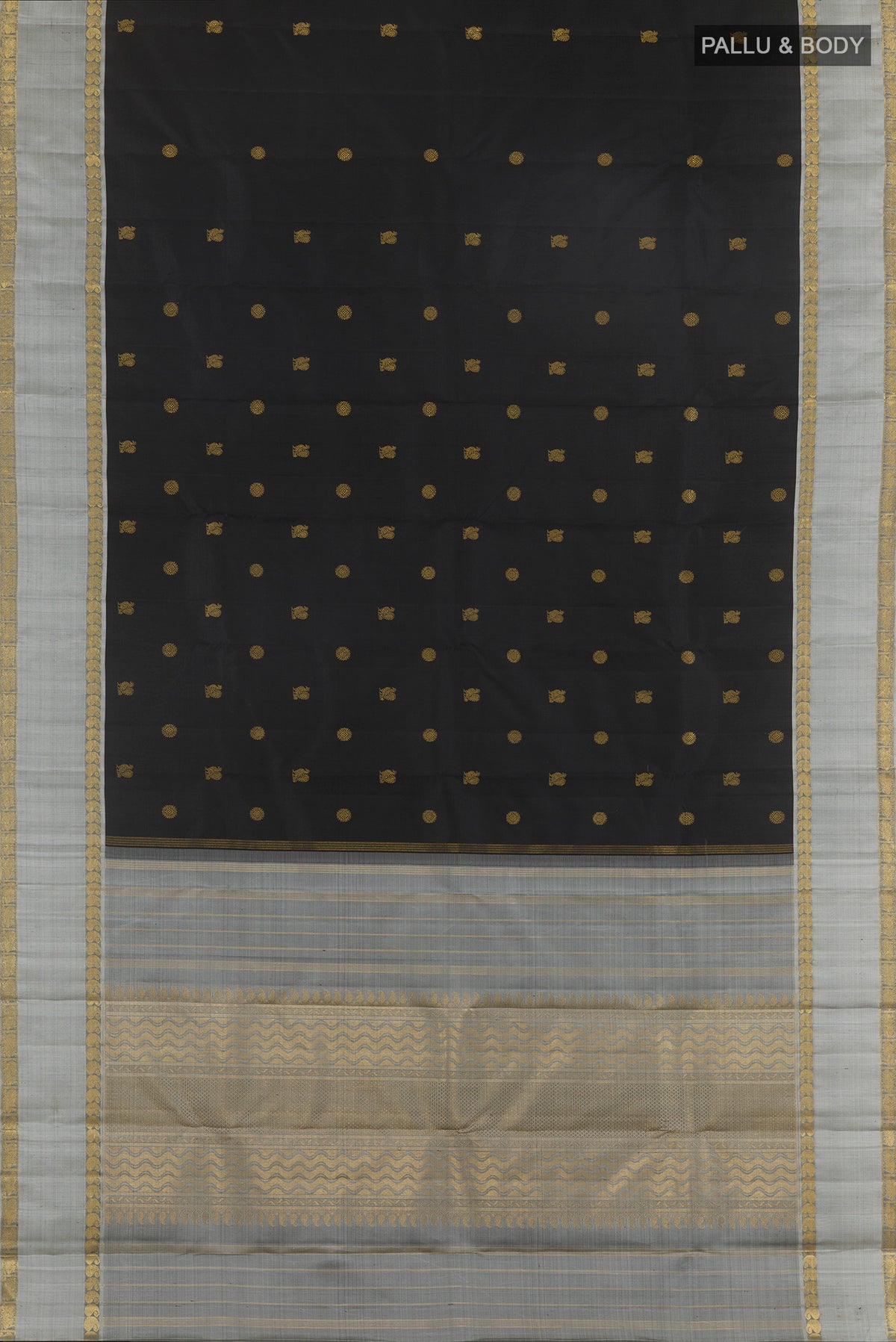 Flat view of Pure Silk Pure Zari Black Kanchipuram Saree with Zari Butta on the body and Zari Border. 