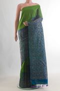 Pure Silk Pure Zari Peacock Blue Kanjivaram Saree with Zari Brocade on the body and Zari Border.  displayed on a mannequin