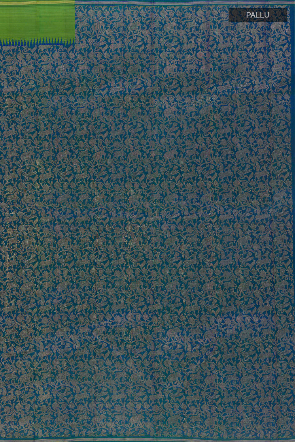 Close up image of the pallu of Pure Silk Pure Zari Peacock Blue Kanjivaram Saree with Zari Brocade on the body and Zari Border. 