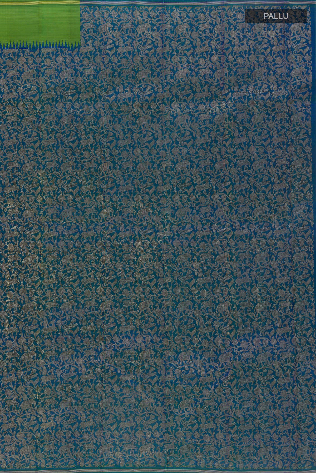 Close up image of the pallu of Pure Silk Pure Zari Peacock Blue Kanjivaram Saree with Zari Brocade on the body and Zari Border. 