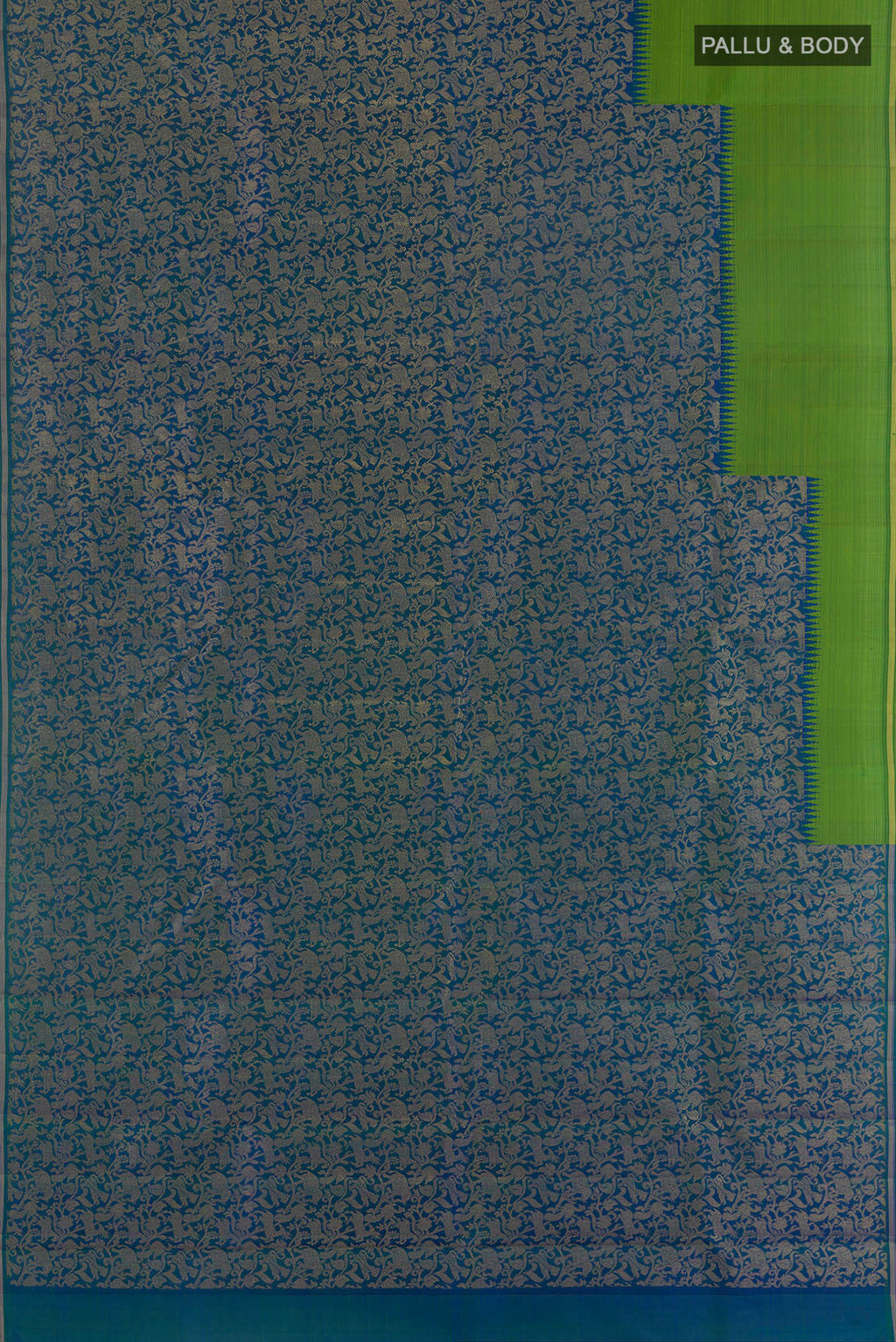 Flat view of Pure Silk Pure Zari Peacock Blue Kanjivaram Saree with Zari Brocade on the body and Zari Border. 