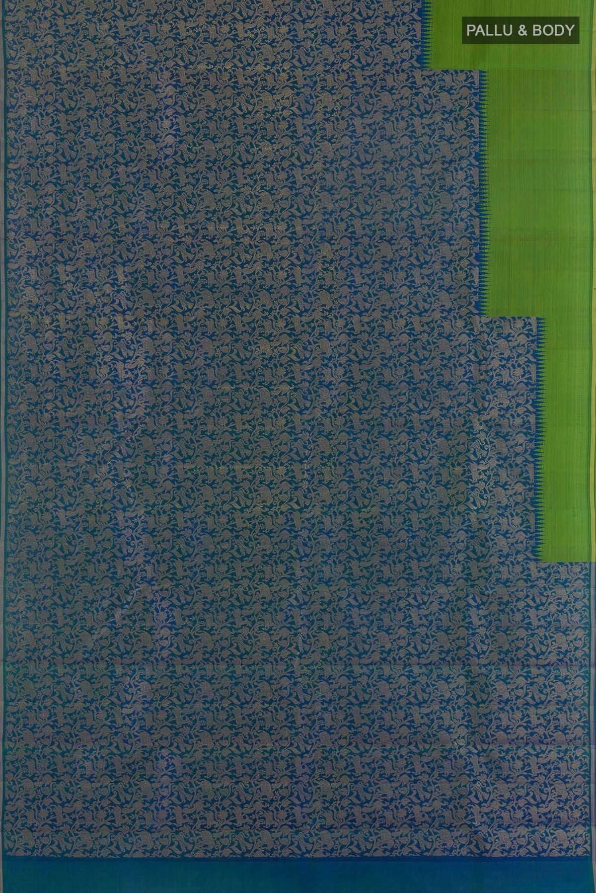 Flat view of Pure Silk Pure Zari Peacock Blue Kanjivaram Saree with Zari Brocade on the body and Zari Border. 