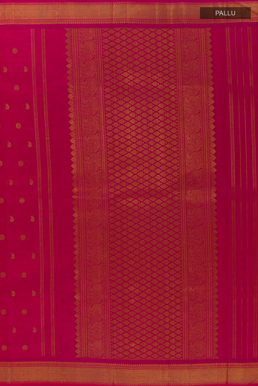 Close up image of the pallu of Pure Silk Pure Zari Dark Pink Kanjivaram Saree with Zari Butta on the body and Zari Border. 