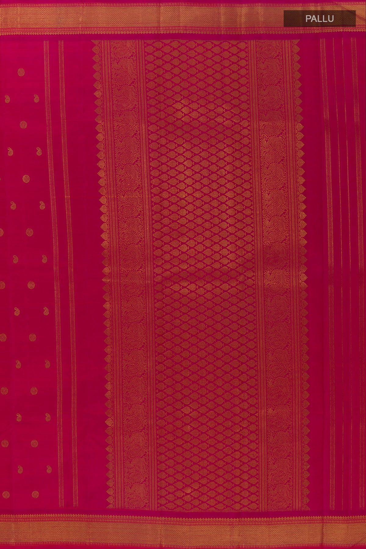 Close up image of the pallu of Pure Silk Pure Zari Dark Pink Kanjivaram Saree with Zari Butta on the body and Zari Border. 