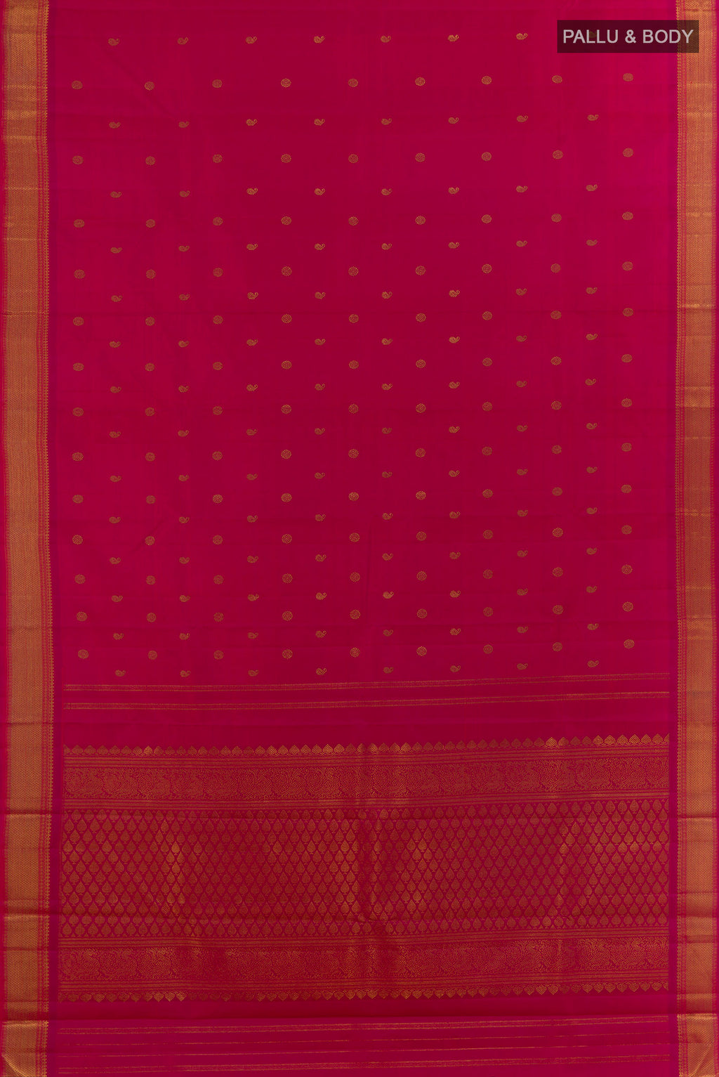 Flat view of Pure Silk Pure Zari Dark Pink Kanjivaram Saree with Zari Butta on the body and Zari Border. 