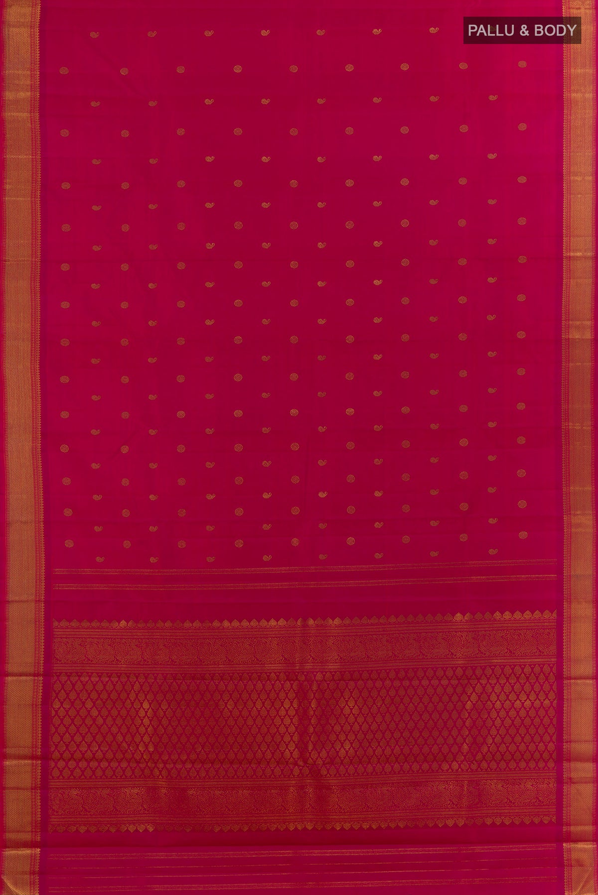 Flat view of Pure Silk Pure Zari Dark Pink Kanjivaram Saree with Zari Butta on the body and Zari Border. 
