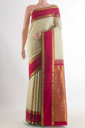 Pure Silk Pure Zari Off White Kanjivaram Saree with Zari Brocade on the body and Zari Border.  displayed on a mannequin