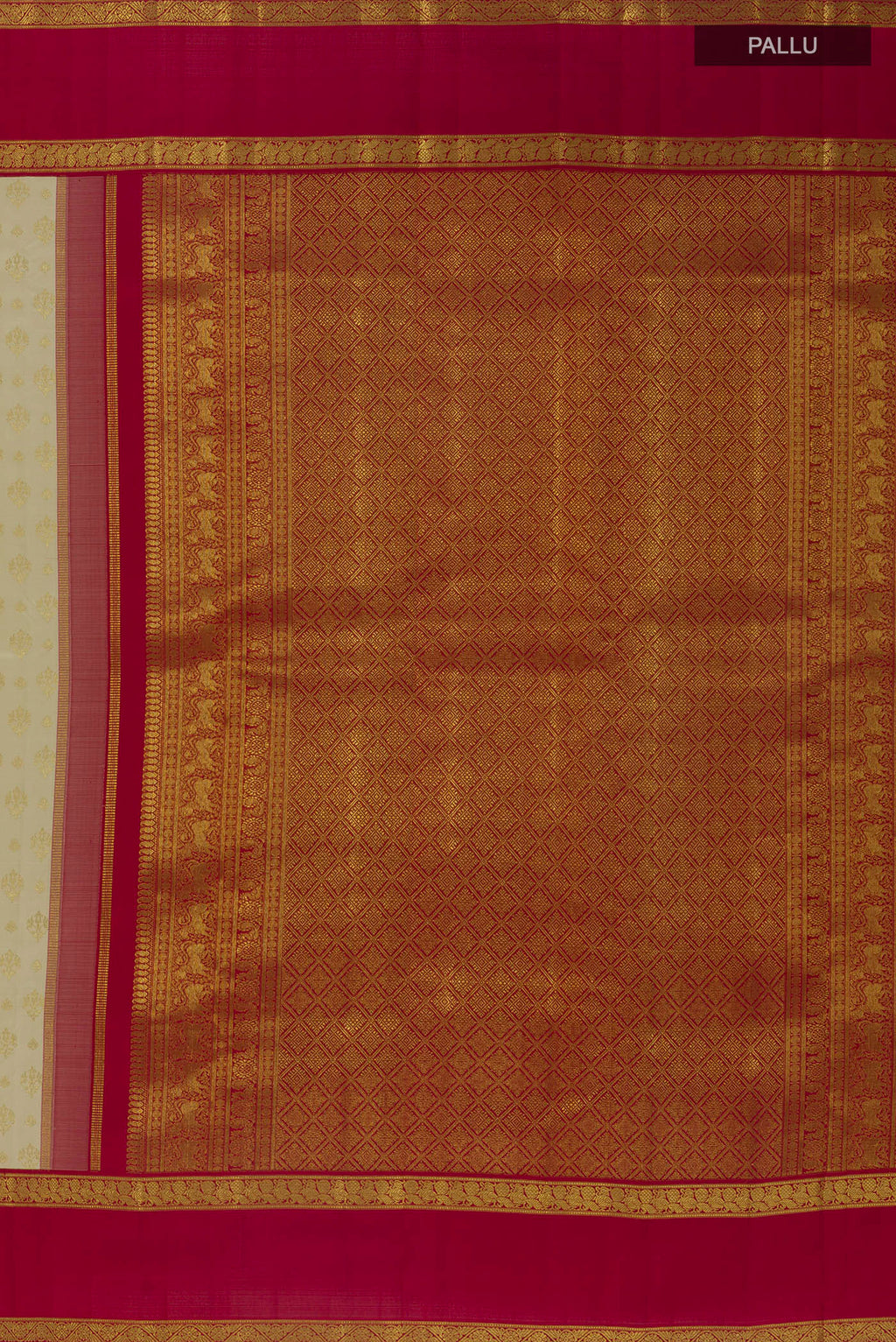 Close up image of the pallu of Pure Silk Pure Zari Off White Kanjivaram Saree with Zari Brocade on the body and Zari Border. 