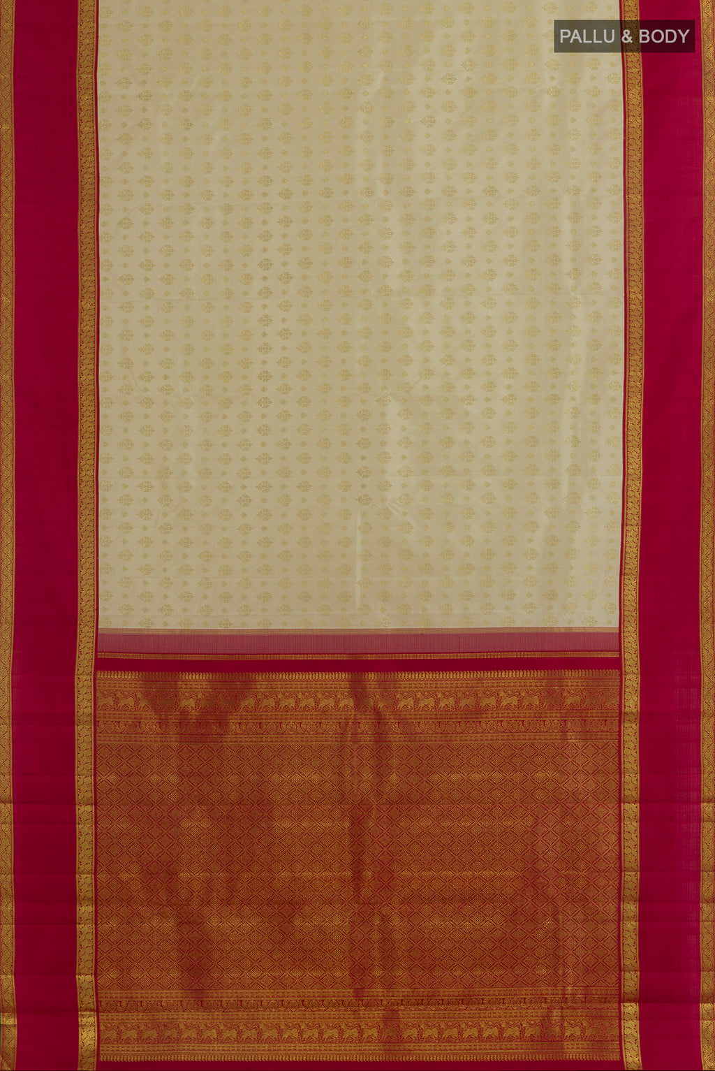 Flat view of Pure Silk Pure Zari Off White Kanjivaram Saree with Zari Brocade on the body and Zari Border. 