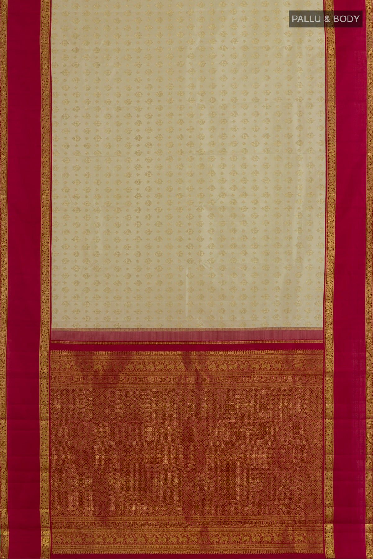 Flat view of Pure Silk Pure Zari Off White Kanjivaram Saree with Zari Brocade on the body and Zari Border. 