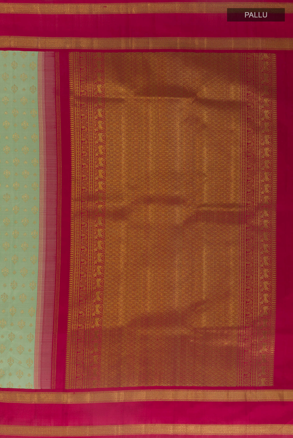 Close up image of the pallu of Pure Silk Pure Zari Mint Green Kanjivaram Saree with Zari Butta on the body and Zari Border. 