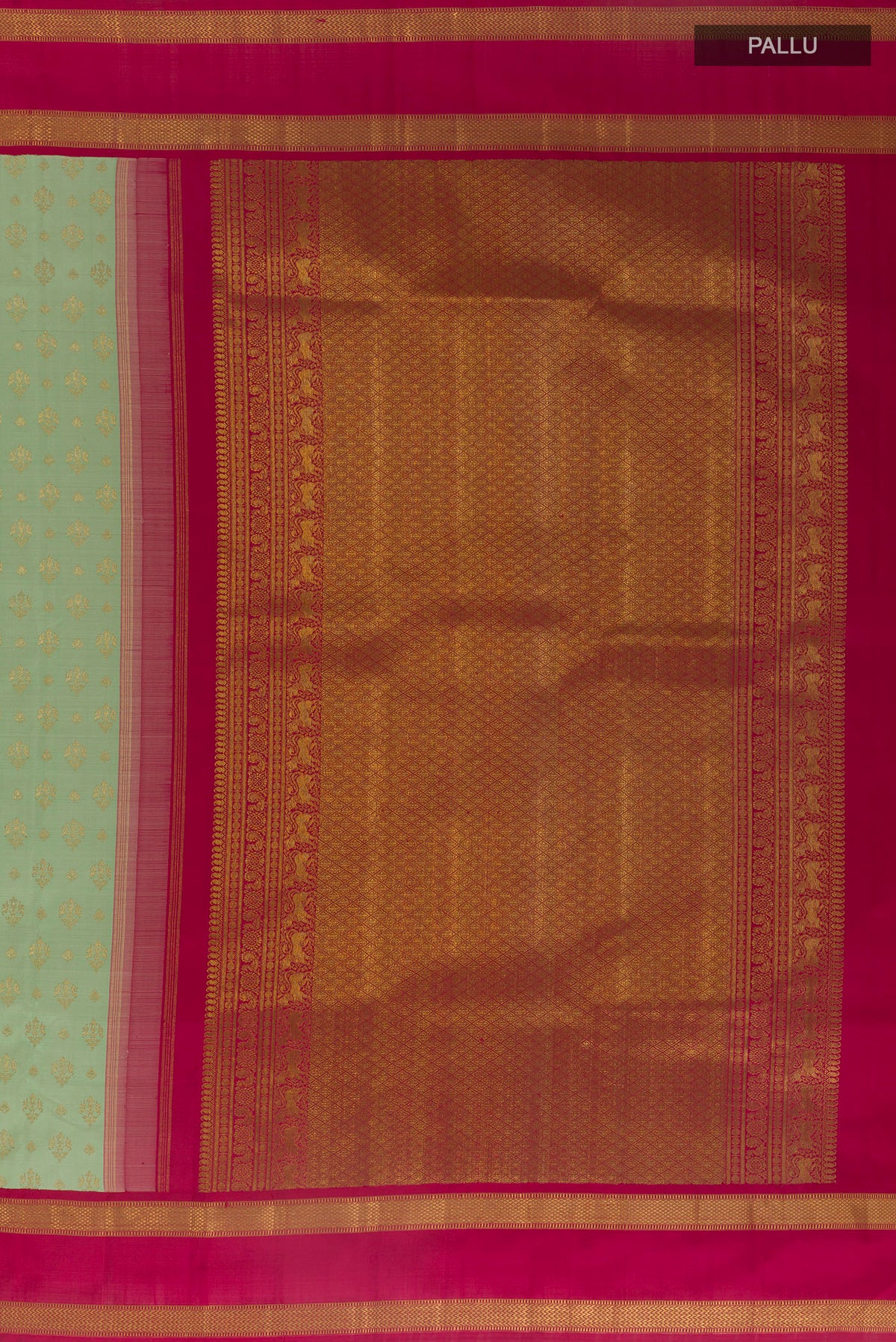 Close up image of the pallu of Pure Silk Pure Zari Mint Green Kanjivaram Saree with Zari Butta on the body and Zari Border. 