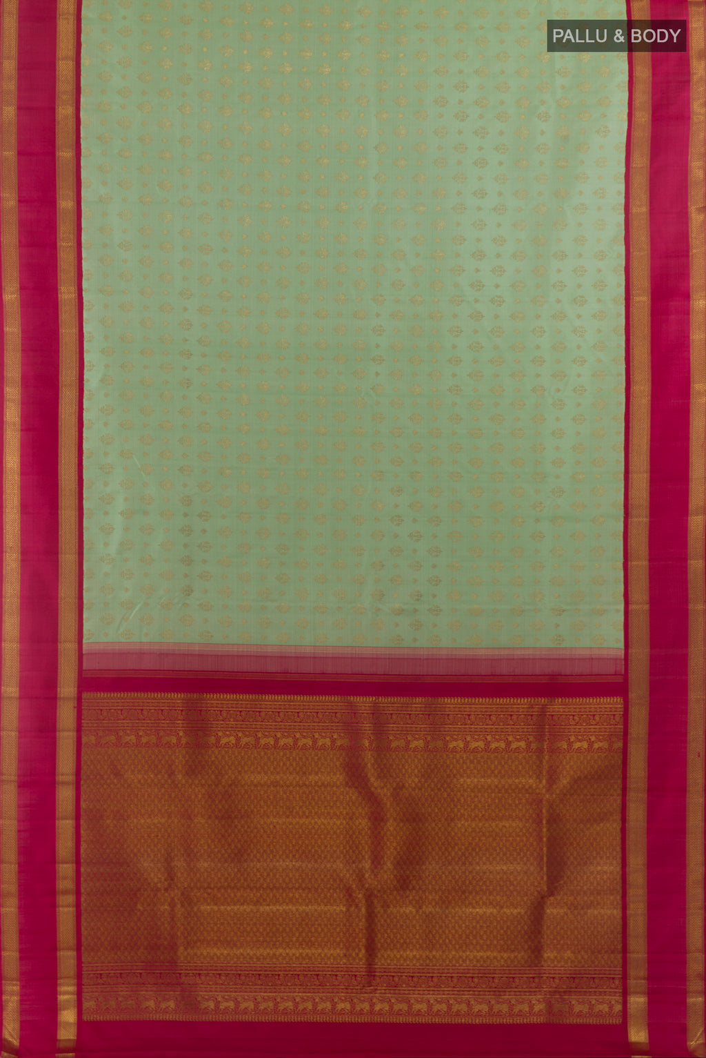 Flat view of Pure Silk Pure Zari Mint Green Kanjivaram Saree with Zari Butta on the body and Zari Border. 