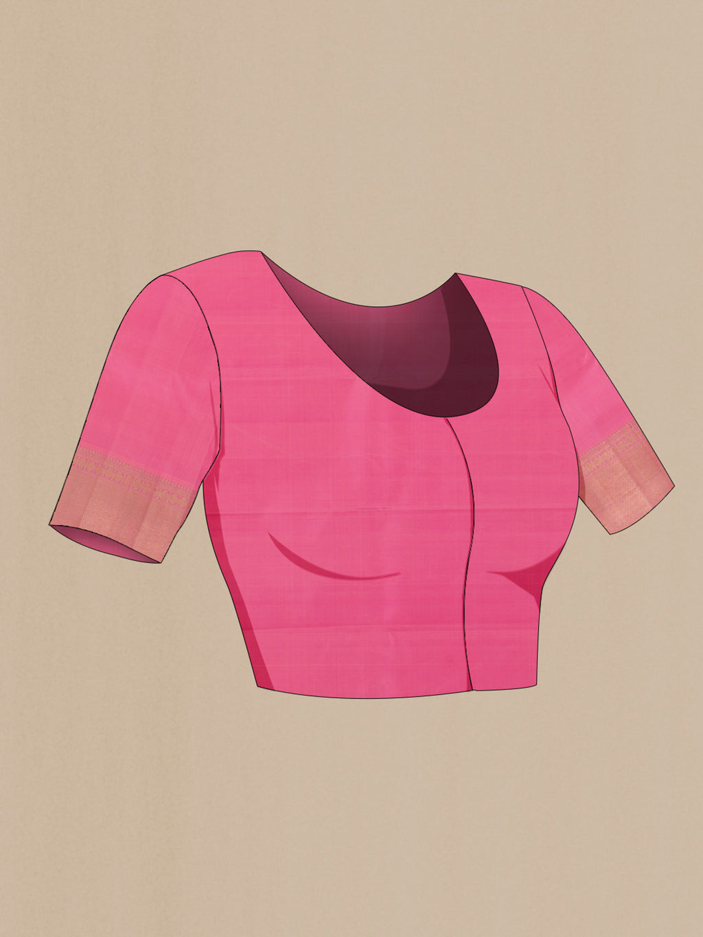 Close up image of the blouse of Pure Silk Pink Kanchipuram Saree with Zari Butta on the body and Zari Border. 